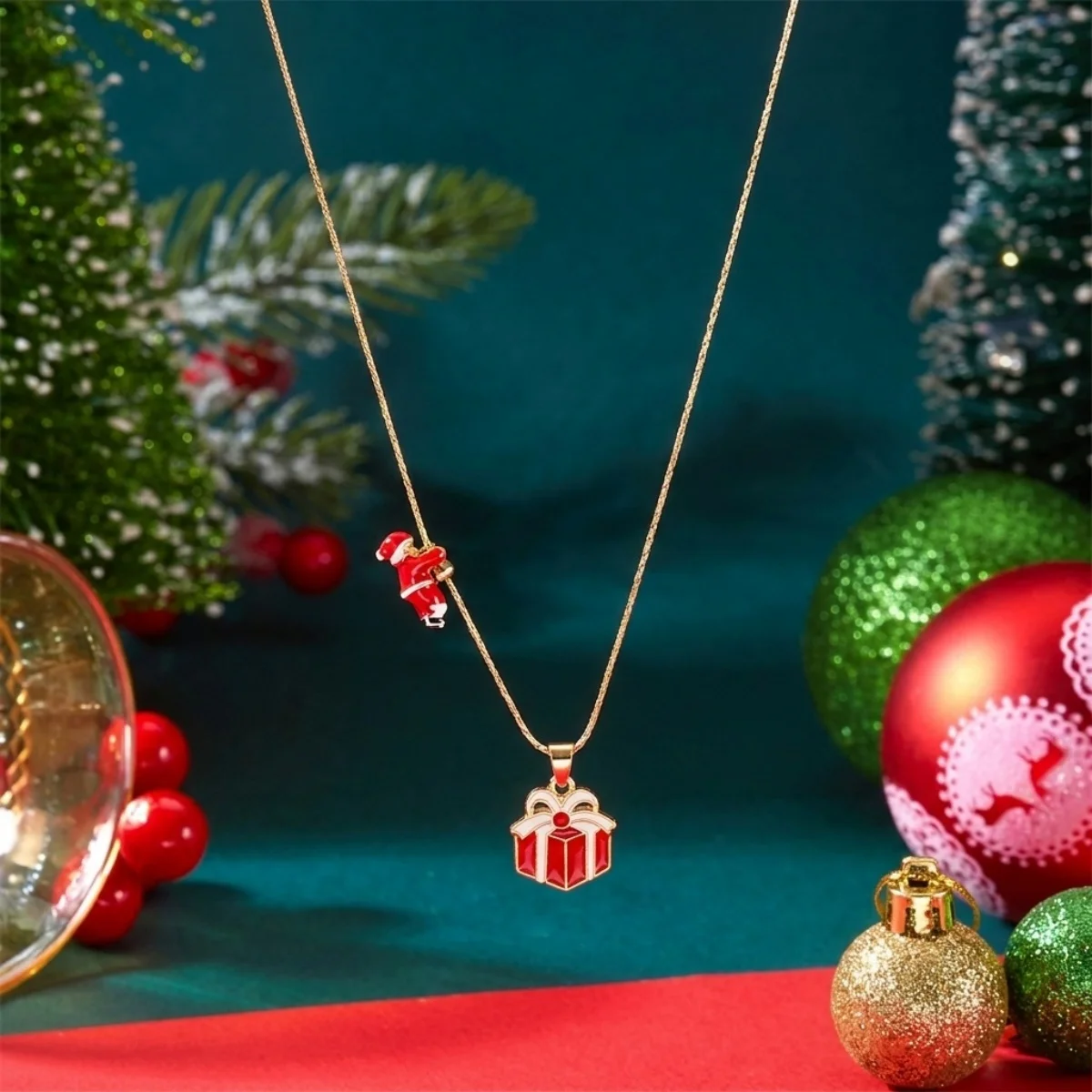 Weihnachts-Kletter-Santa-Weihnachtsmann-Geschenkbox-Anhänger-Halskette für Damen und Herren, Emaille-Santa-Weihnachtsmann-Teeservice-Choker, Neujahrsgeschenk-Schmuck – Detail 9