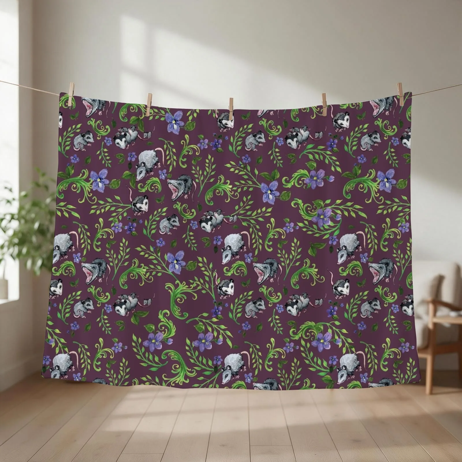 Opossum, Fern, & Violet Print Throw Blanket couch cozy soft plush fuzzy picnic outdoor blanket