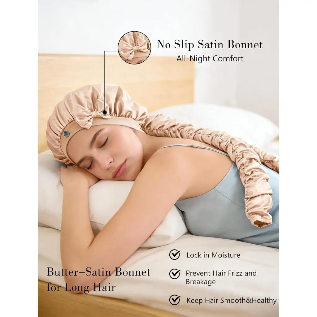 Heatless Curl Satin Bonnet for Sleeping, No Slip Sleep Bonnet with Long Curling Ribbons for Braids & Long Hair