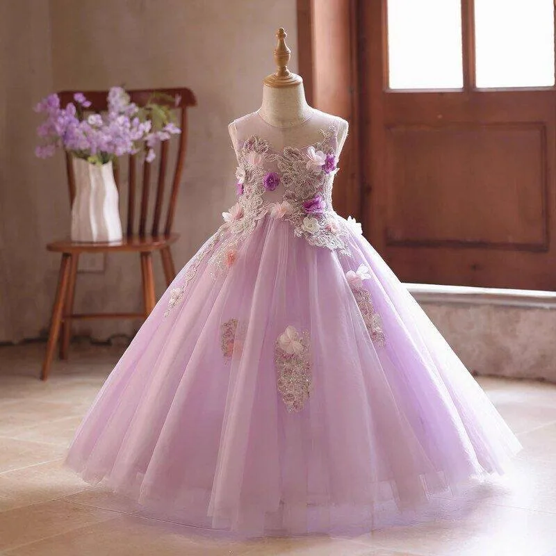 

Purple Flower Luxury Fairy Girls Dress Host Piano Performance Mesh Princess Dress Little Girl Birthday Party Banquet Dress