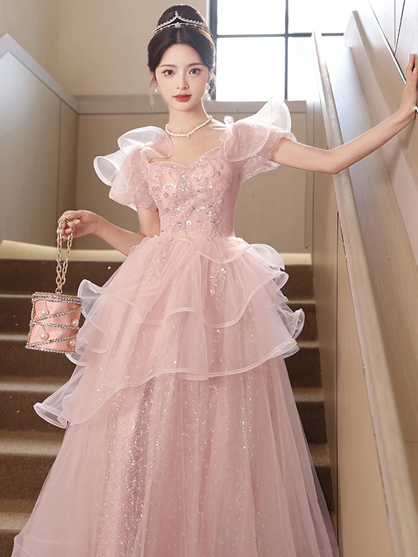 Fem Host Art Exam Super Fairy T Wedding Dr Korean Sle Flower Pattern mid Waist Long Skirt Ele Pink Evening Gown