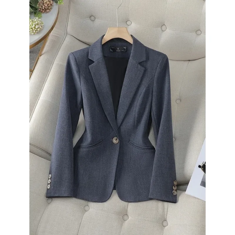 Fashion Women Formal Blazer Ladies Gray Khaki Blue Female Long Sleeve Single Button Business Work Wear Jacket For Autumn Winter