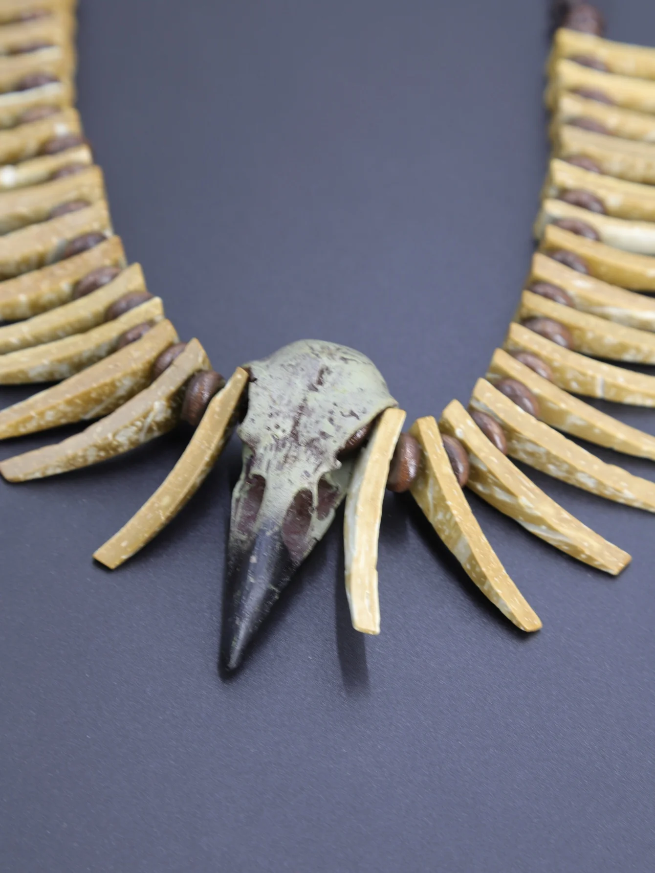 vintage crow skull coconut shell necklace with animal-shaped irregular long teeth, Gothic style (random color for the bird skull view 4