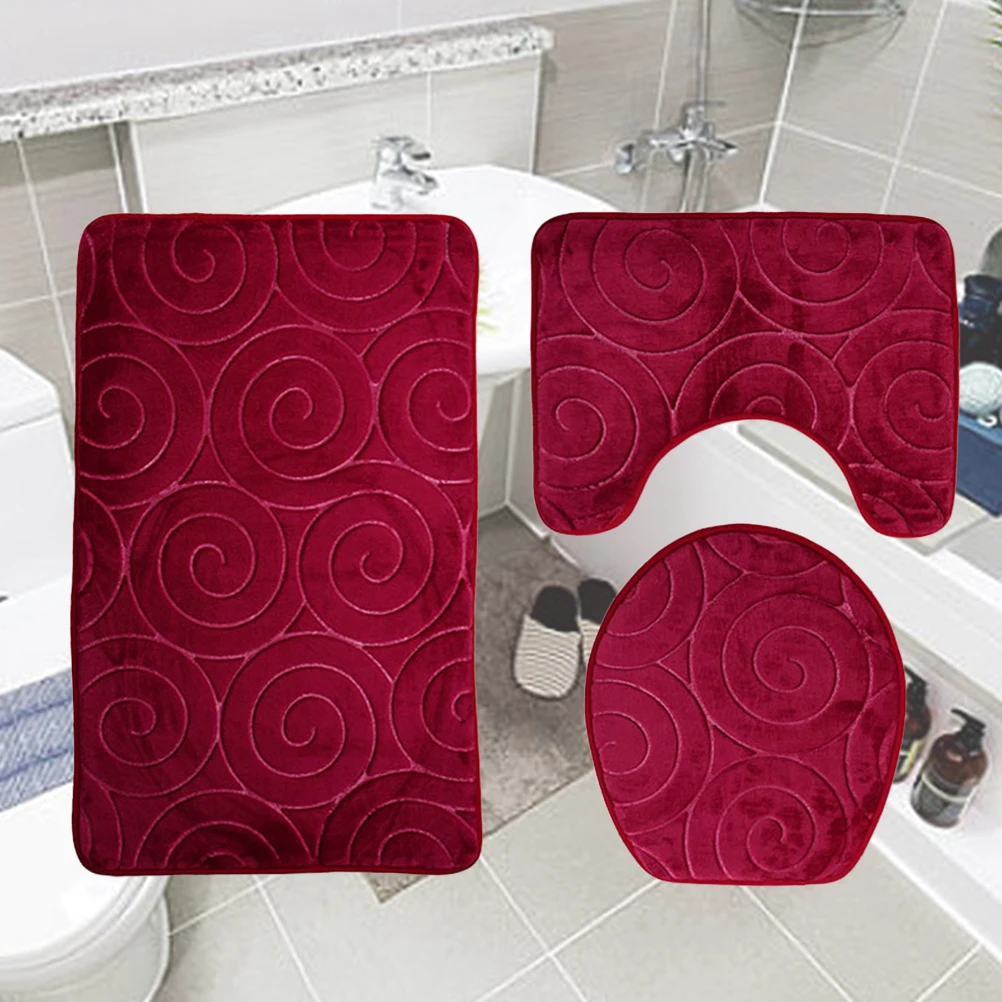 

Embossed Bathroom Mat Set Round Shape Red Non Slip High Absorption Soft Comfortable Bath Rugs Toilet Lid Cover