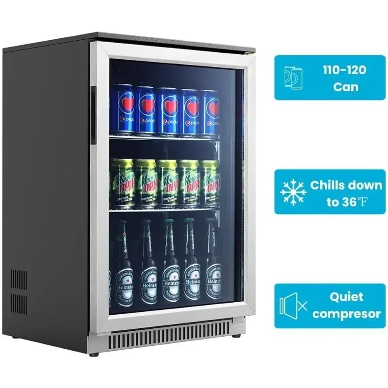 Wide Built in Beverage Refrigerator with Clear Glass Front Door, Under Counter Cabinet Soda Beer Drink Cooler Center Large