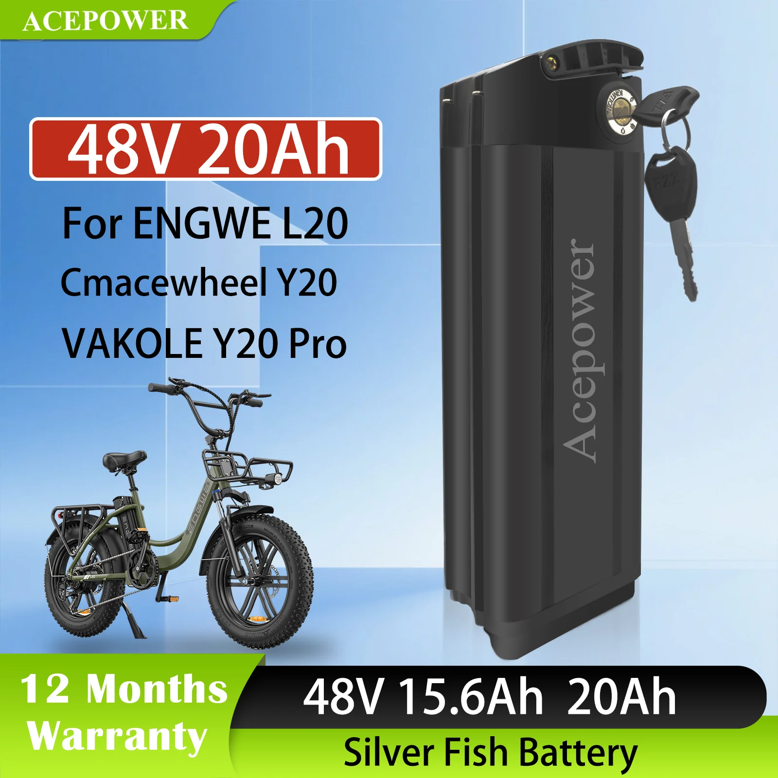 Faltbarer E-Bike-Akku für ENGWE L20, Cmacewheel Y20, VAKOLE Y20 Pro – 48V 15Ah / 20Ah Elektrofahrradakku für Engwe