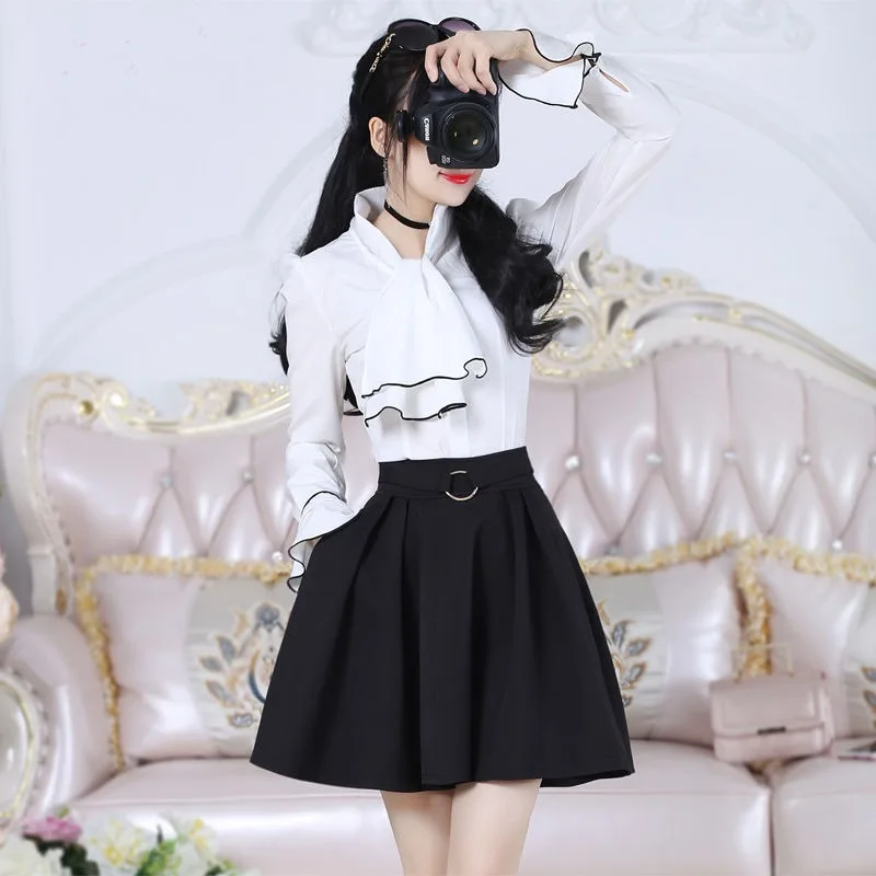 Women's Shirt 2025 Spring Summer White Border Lotus Leaf Sleeve Lace Up Top Bow Base Shirt New Clothing