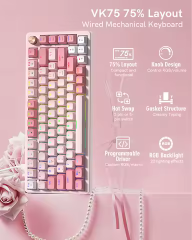 Womier VK75 Wired Mechanical Keyboard Retro Pink Custom Hot-swappable Keyboard for PC Computer Laptop