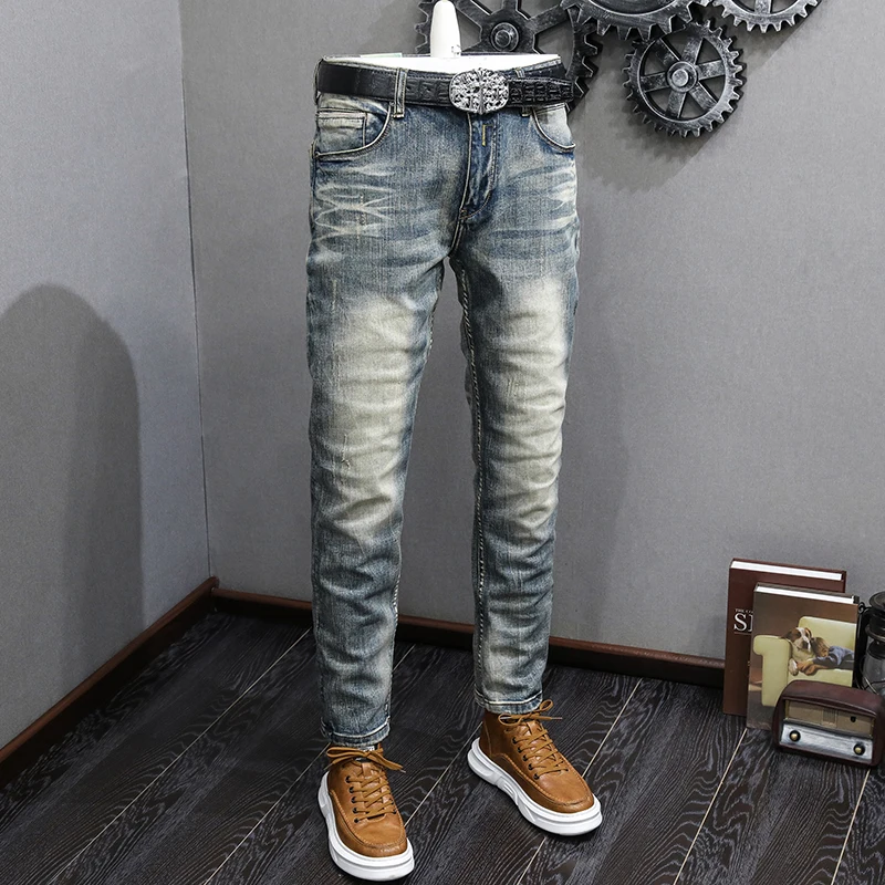 Italian Style Fashion Men Jeans High Quality Retro Washed Blue Stretch Slim Fit Ripped Jeans Men Vintage Designer Denim Pants