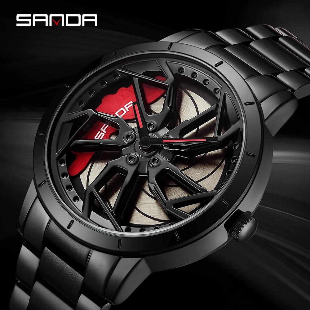 SANDA P1086 2023 new Fashion Hub Custom Design Sports Car Rim Waterproof Creative Male Watches Mens Wheel Quartz Wristwatches