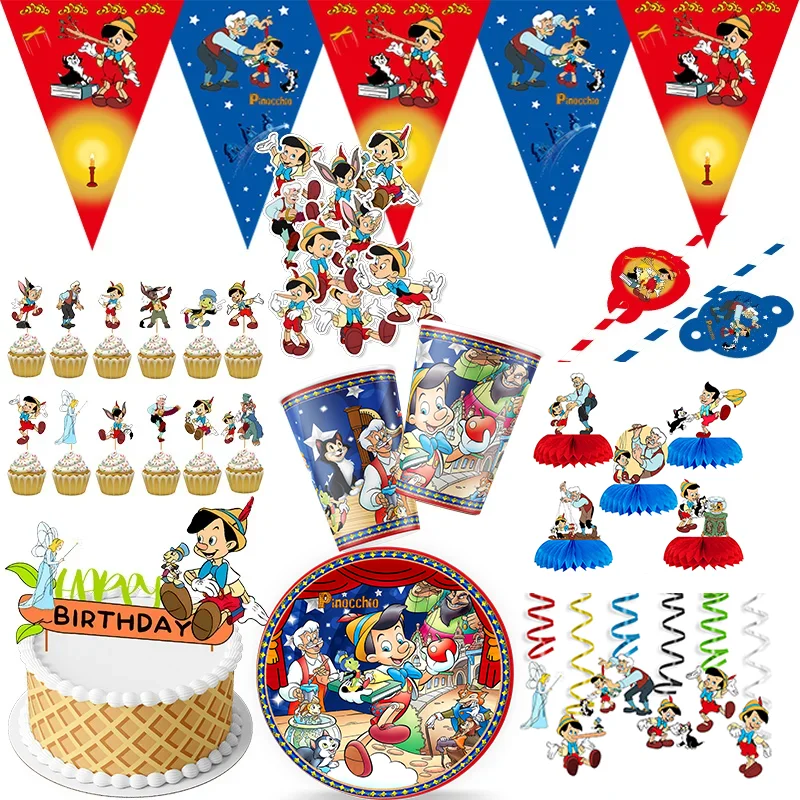 Cartoon The Adventures of Pinocchio Decorations Birthday Party Favors Childrens Disposable Paper Cup Plate Cake Toppers Supplies