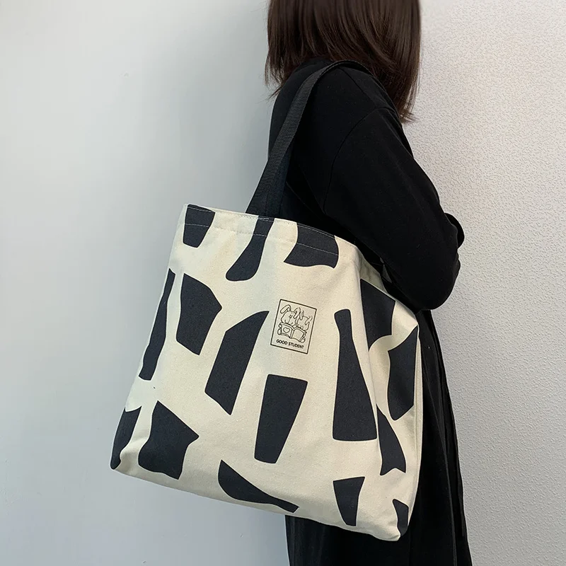 Bolso de mano de lona con estampado de vaca para mujer, bolsa de hombro de gran capacidad con diseño de dibujos animados adorables, cómodo, versátil e informal