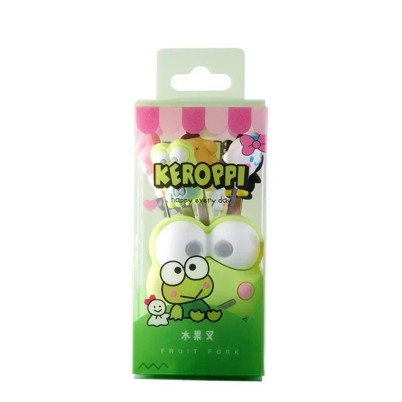 5 stücke kawaii cartoon dessert frucht gabeln anime keroppi meine melodie cinna moroll silikon puppe edelstahl gabel mit box besteck