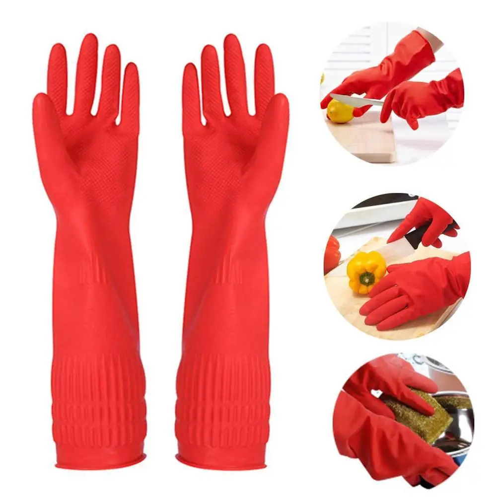 Kitchen Red Gloves Washing Dishes Cleaning Washing Red Gloves Thick Protective Waterproof Long Sleeve Rubber Latex Gloves Tool