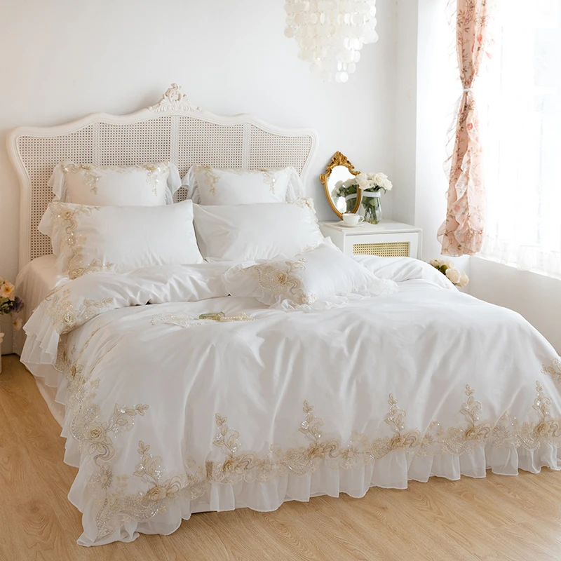 

White Lace Embroidery Princess Bedding Set Luxury High End France Style Egyptian Cotton Duvet Cover Sets Bed Sheet Pillowcases