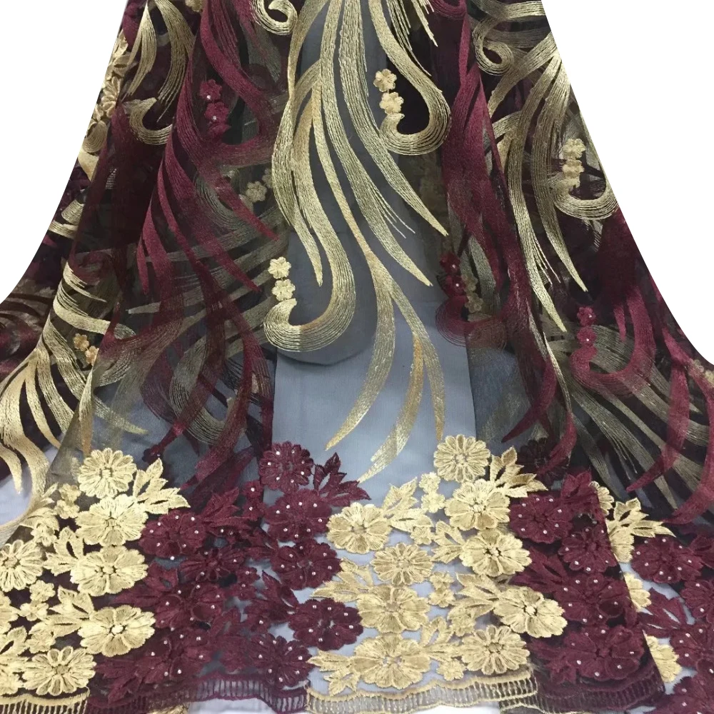 

Embroidery African Lace Fabric With Stones Wine 2023 High Quality Nigerian Cord French Mesh Fabric Lace Material For Party Dress