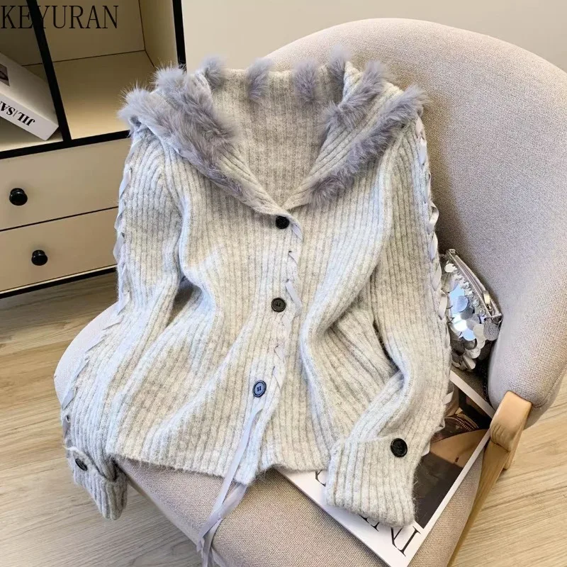 

Осенне-зимний меховой темно-синий свитер с воротником, пальто, женская корейская мода, повседневная свободная вязаная куртка-кардиган с длинными рукавами на шнуровке, топы