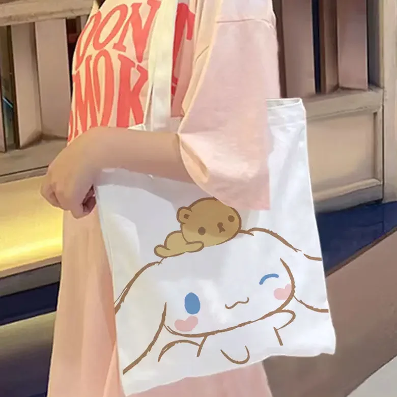 Cartoon Canvas Reusable Tote Bag Kawaii Cinnamoroll Sanrio Portable Storage HandBags Shoulder Bag for Women and Girl Shopping