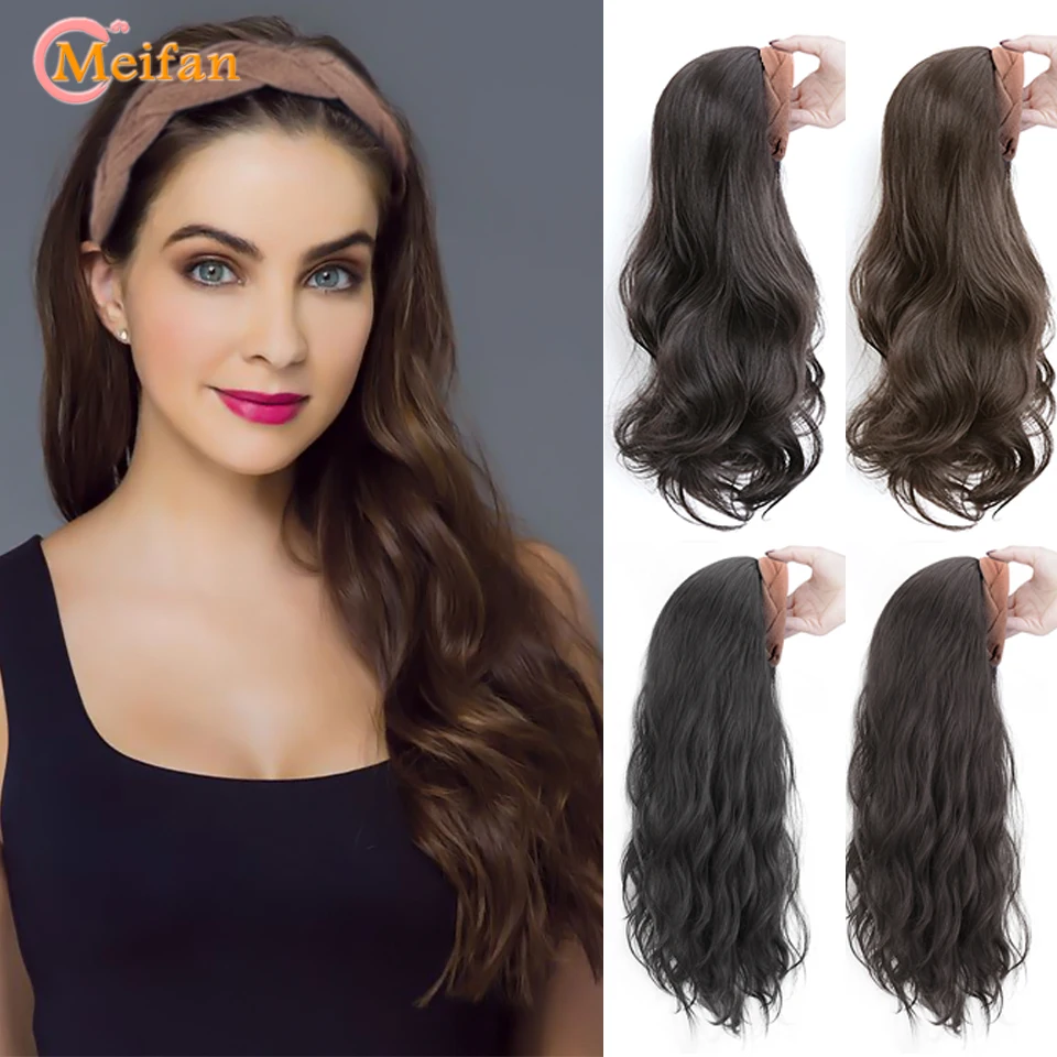 MEIFAN Long Wavy Curly Headband Wig Clip on Hair Extension U-Shaped Hairpieces Synthetic Natural Fake Half Wig for Women