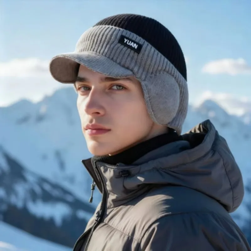 Men's Winter Knitted Beanie Hat Thickened Fleece Lined Warm Windproof Cycling Skiing Outdoor Cold Weather Pullover Cap