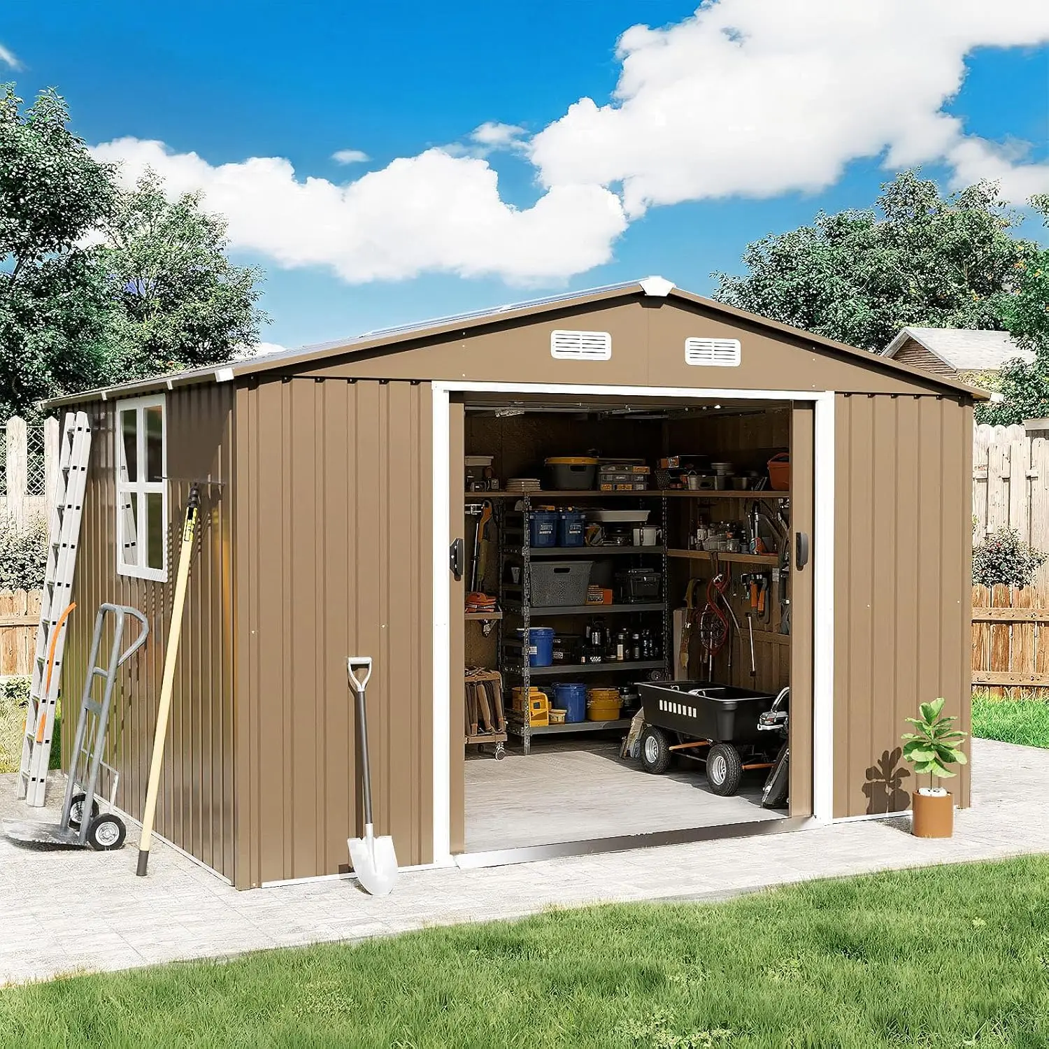 

10x8FT Metal Outdoor Storage Shed Sloped Roof 2 Lockable Sliding Doors Air Vents Window Backyard Patio Lawn, Customized