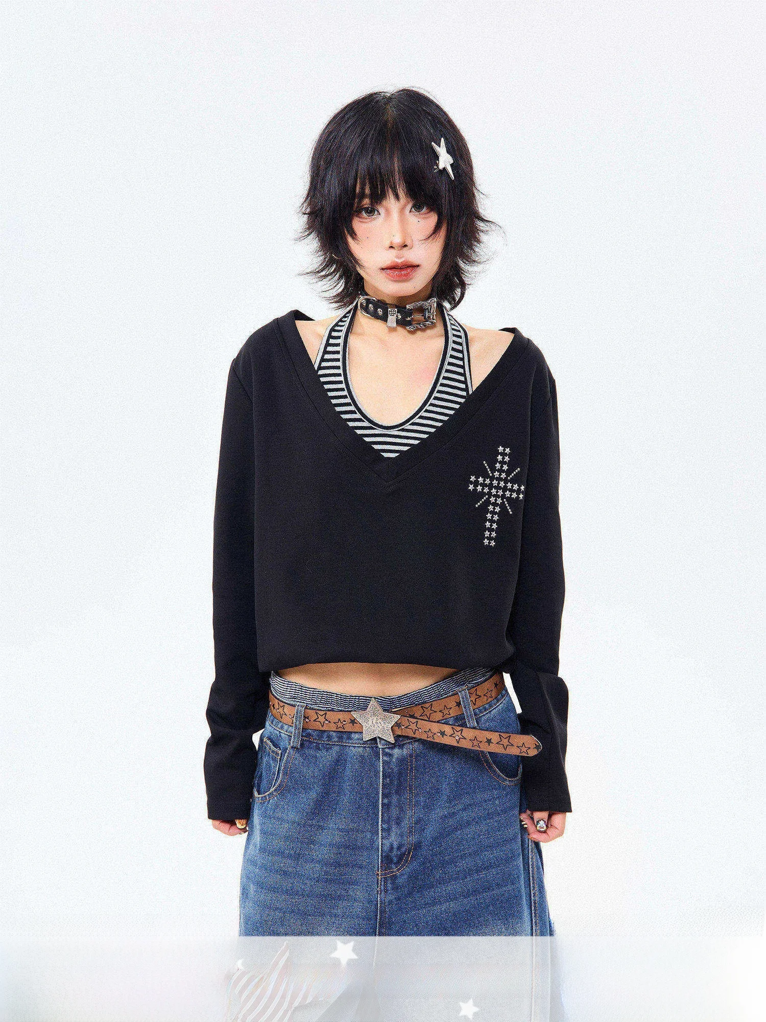 

MIKYO Американский стиль, модная женская футболка с длинным рукавом, имитация двухслойности, с открытыми плечами, винтажный свободный крой, для повседневной носки