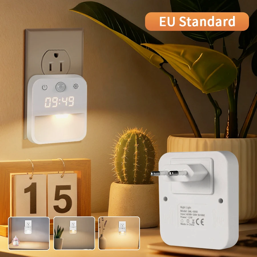 EU Standard Socket Human Sensing Light LED Corridor Sensing Night Light Unlimited Dimming Tri Color Switching with Clock Display