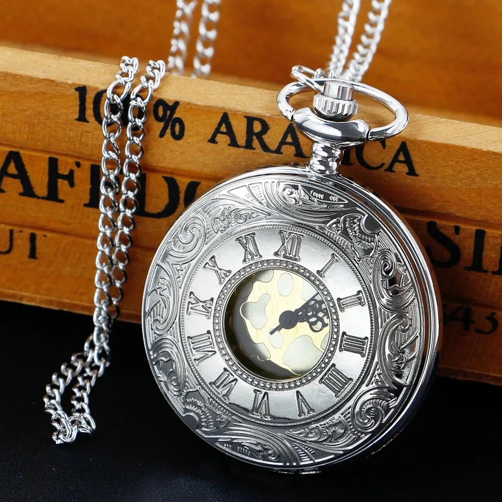 Classic Hollow Vintage Engraved Silver Quartz Pocket Watch Necklace Clock Digital Men's and Women's Best Gift Accessories