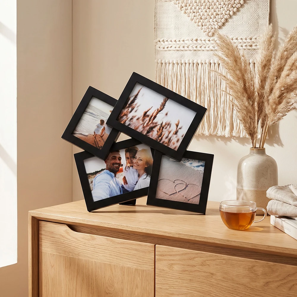 Black Multi Plastic Photo Frames with PVC Front Holds 4 Pictures Staggered Collage Design Irregular Frame for Home Decor & Gifts