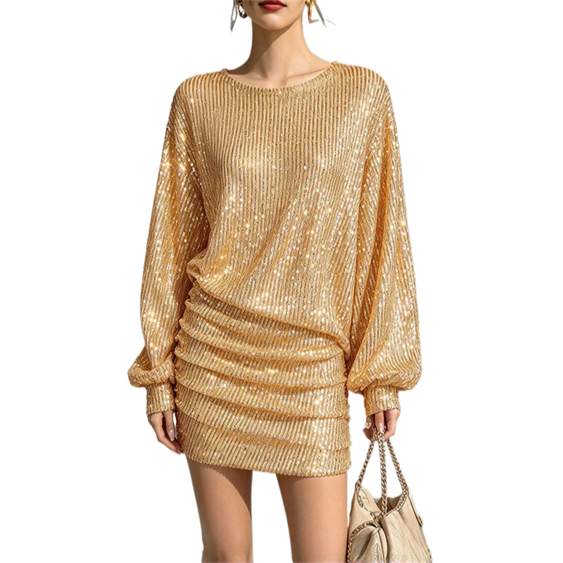 Damen Pailletten-Minikleid mit langen Ärmeln, glitzerndes Diamant-Bodycon-Kurzkleid für Partys, sexy, süß, für Nacht, Festival, Clubwear, glänzendes Kleid – Detail 10