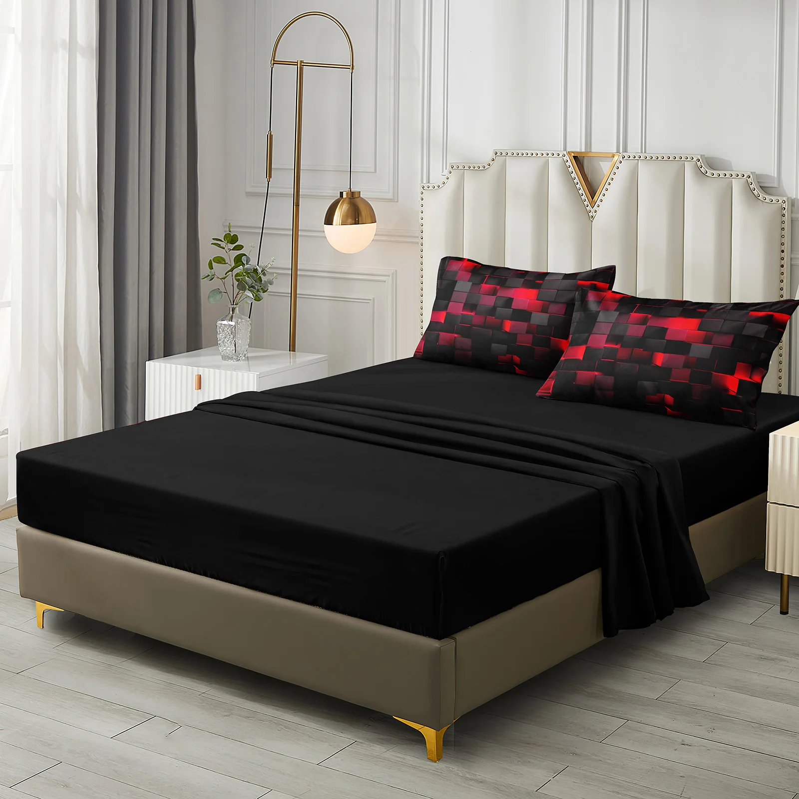 Solid Geometric Queen Size Comforter Set Cushion Cover,4 Pcs Orange Black Bedding Set,Gradual Change Honeycomb Quilt Set,Modern Square Texture Bedding for All Season