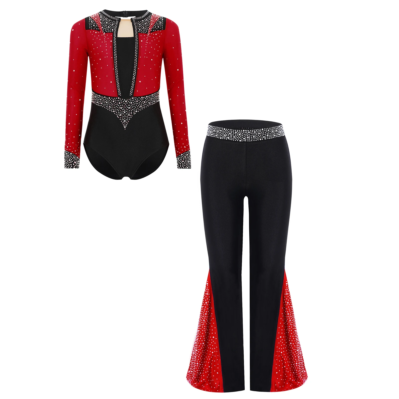 

Kids Girls Gymnastics Figure Ice Skating Dance Costume Long Sleeve Keyhole Back Shiny Rhinestones Leotard+Bell-Bottomed Pants