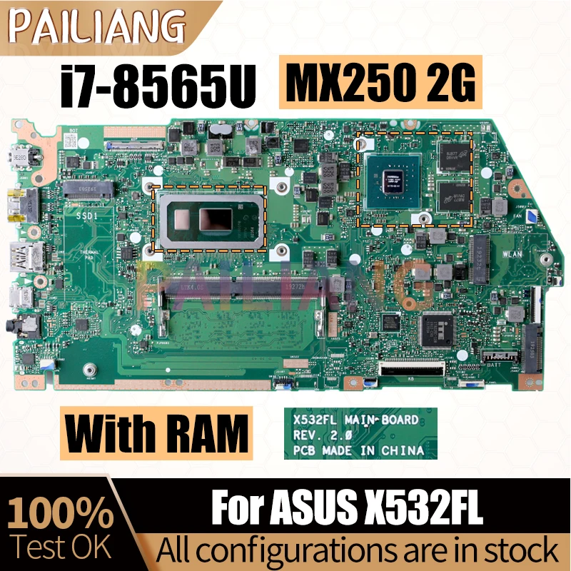 For ASUS X532FL Notebook Mainboard REV:2.0 i7-8565U With RAM MX250 Laptop Motherboard Full Tested