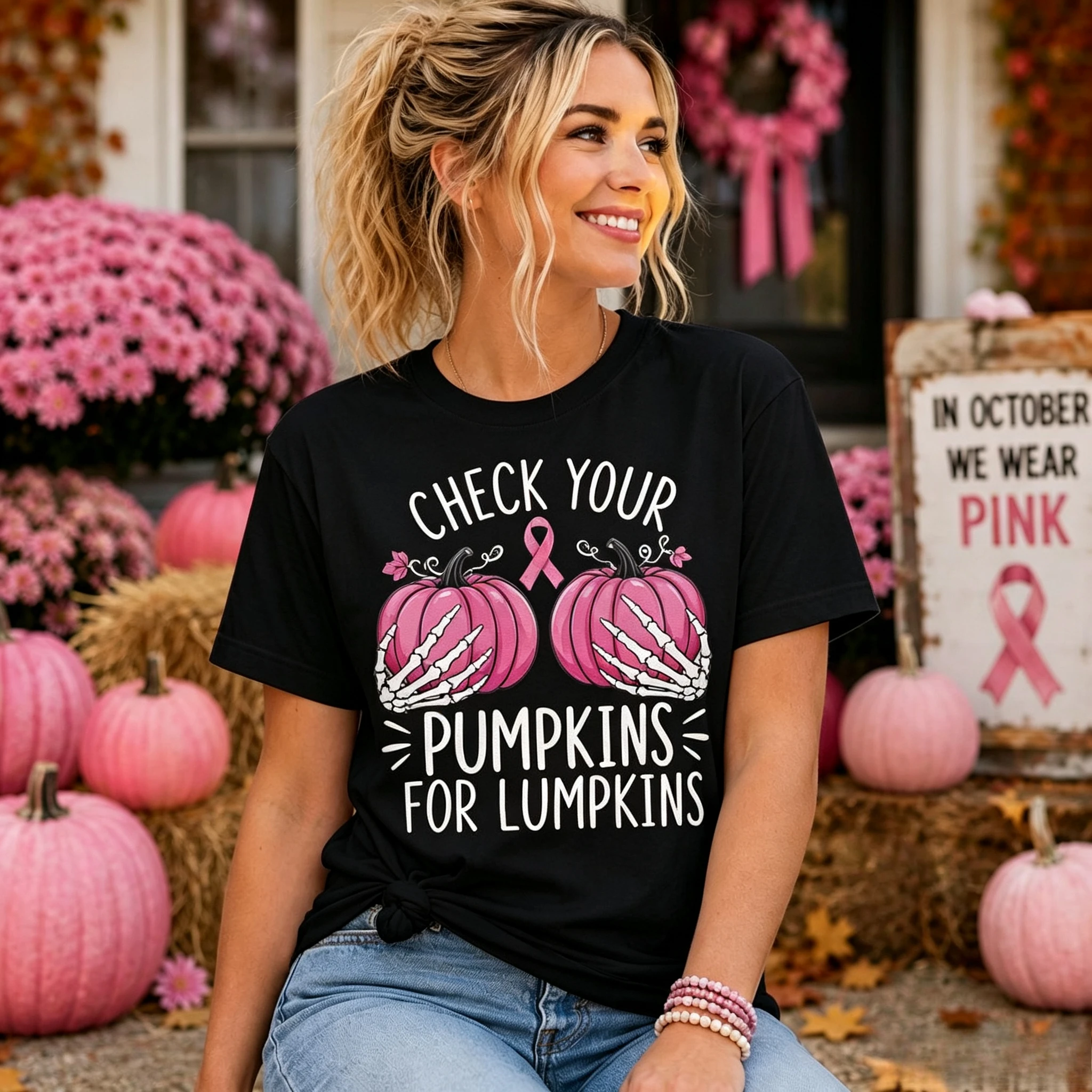 Cute Skeleton Hand Pink Pumpkin Slogan Print Womens T Shirt Casual Short Sleeve Top for Breast Cancer Awareness Halloween Wear