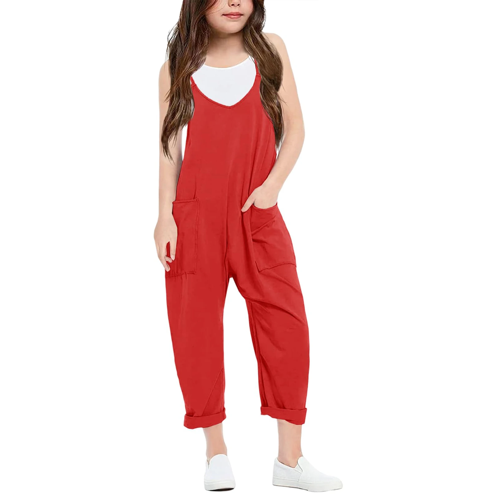 Summer fashion casual girls V-neck halter jumpsuit solid colour loose with pockets lightweight trousers girls