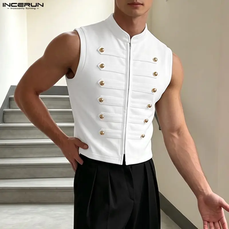 INCERUN Men's Tank Tops Solid Color Double Breasted Sleeveless Male Vests Streetwear Stand Collar Fashion Men Clothes Tops 2026