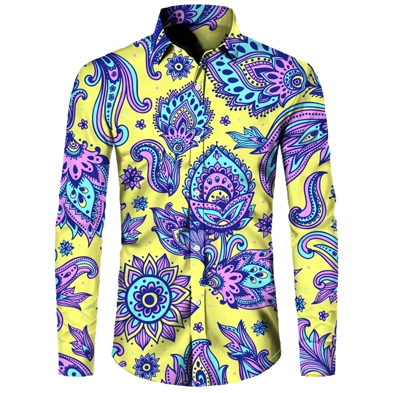 Stylish Men's Shirt Paisley Cashew Flower Print Lapel Button Up Long Sleeve Top Retro Plus Size Men's Long Sleeve Shirt