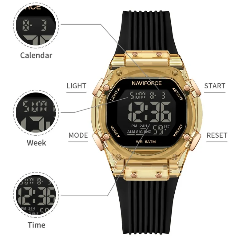 NAVIFORCE ساعة نسائية متعددة الوظائف عرض الوقت المزدوج السيدات الرياضة ساعة توقيت العد التنازلي المرأة ساعة إلكترونية LED NF6114 #2