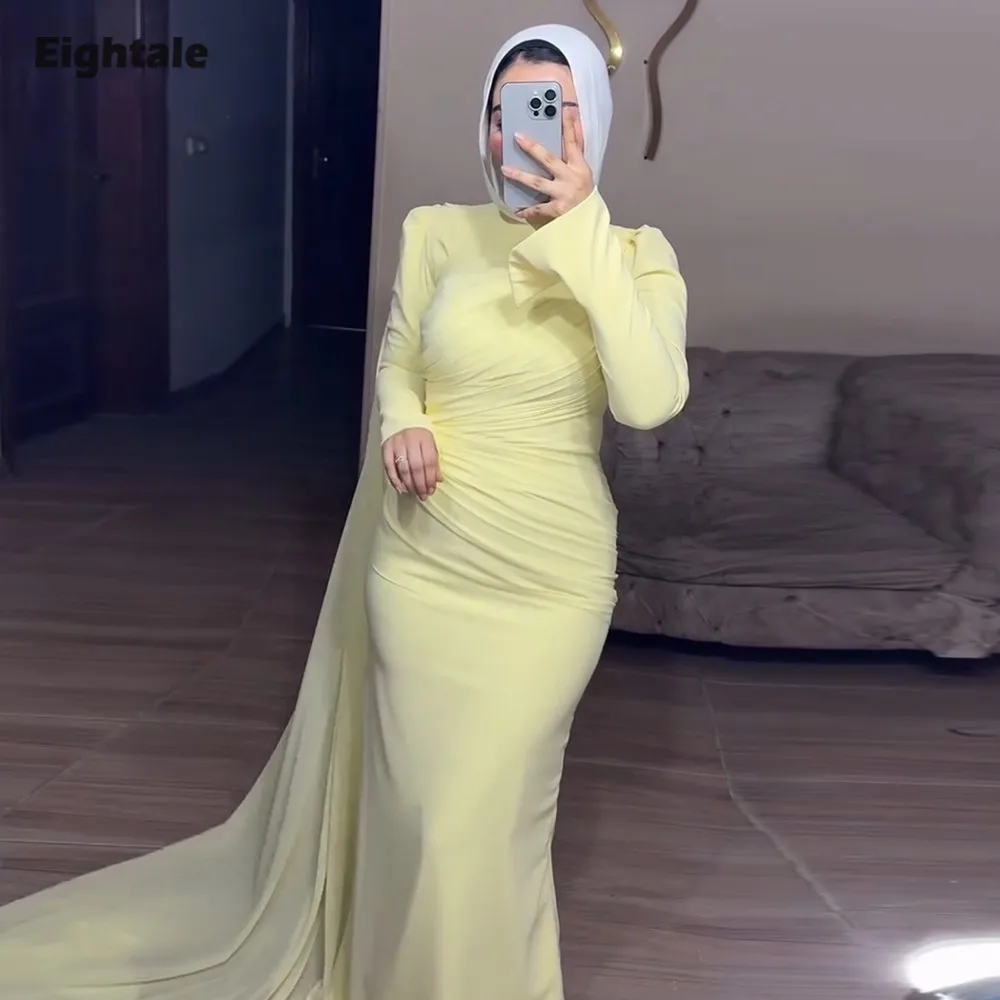 

Eightale Arabic Evening Dress O-Neck Long Sleeves Customized Yellow Mermaid Prom Wedding Party Gown Robes De Soirée