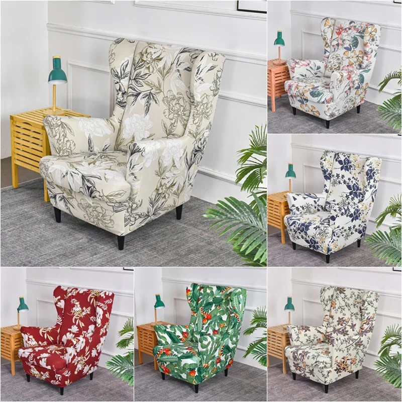 

Elastic Floral Wing Chair Cover Spandex Non-Slip Single Sofa Slipcover Leaves Bird Cactus Washable Removable Armchair Seat Cover