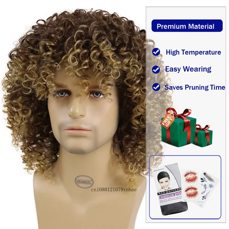Afro Curly Wigs for Men Synthetic Hair Brazilian Style Mix Brown Wigs Natural Hairstyles Short Wigs Male Handsome Cool Hiarcuts