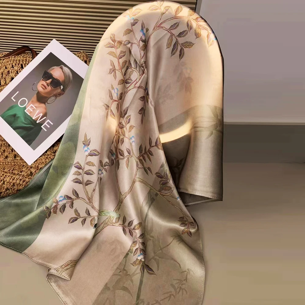 New Green Beige Silk Scarf Shawl Women\'s Brand Chinese Style Design Long Scarves Wraps Fall Winter Neck Head Scarf Cape 175*52cm