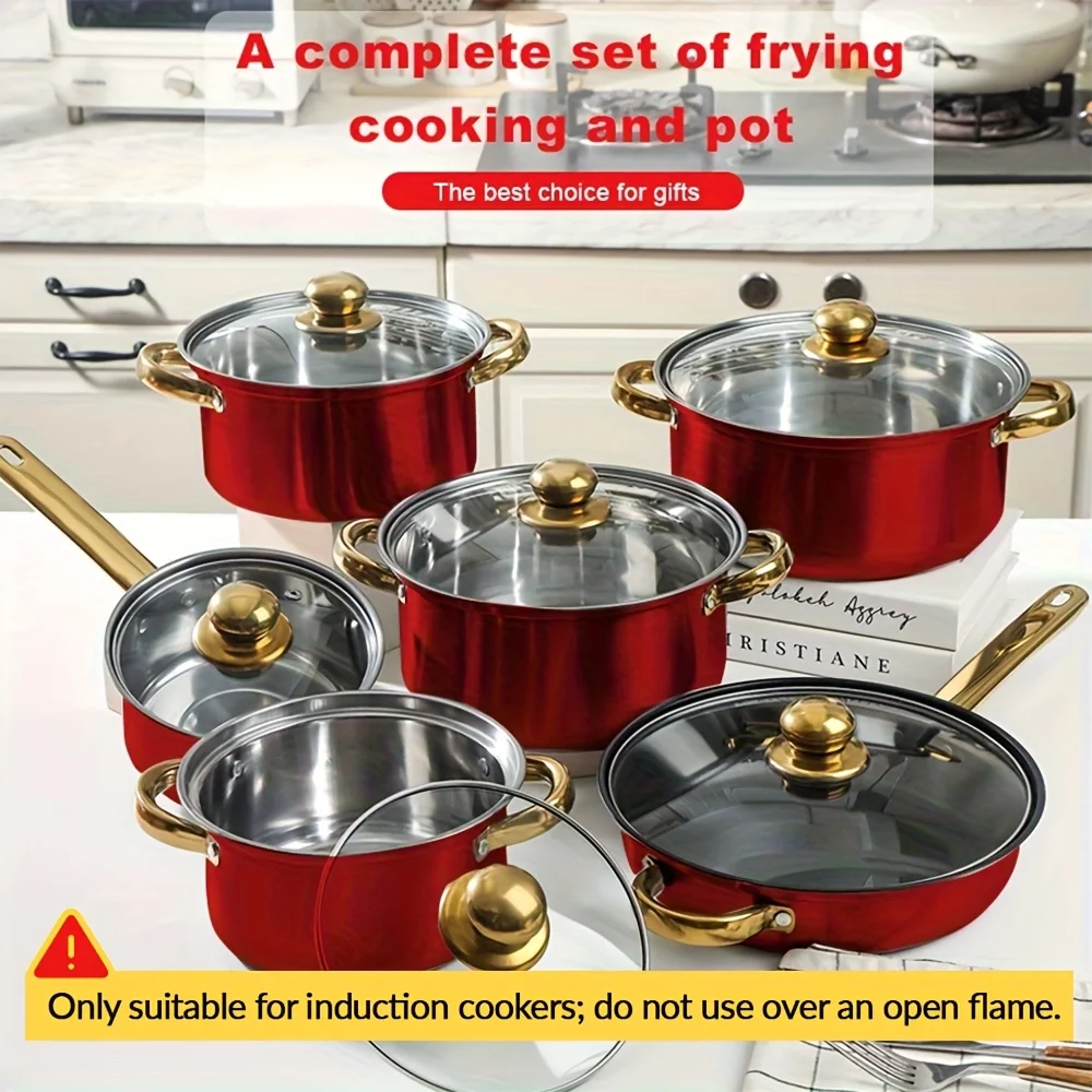 

12-Piece Nonstick Fry Pan Set - Stainless Steel Induction Cookware for Gas/Electric, Heat-Resistant Skillet & Saucepan Combo