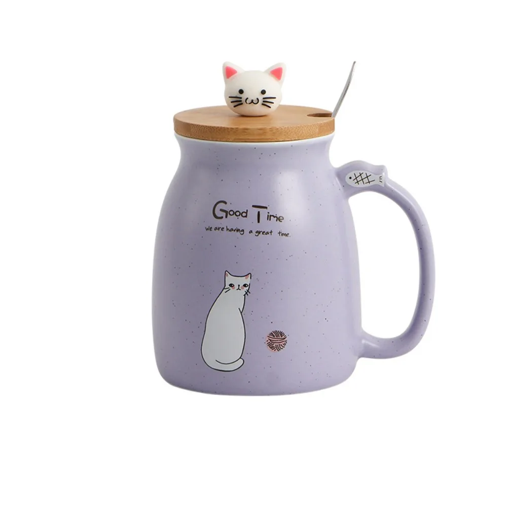 

Kawaii Japanese Style Cartoon Cat Mug Ceramic 450ml Tea Cup with Wooden Lid with Spoon Iced Yogurt Cup Kids