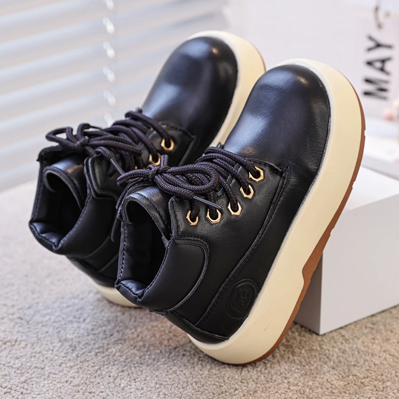 جديد للأطفال موضة الأحذية الصفراء الخريف الشتاء سميكة وحيد صبي فتاة المضادة للانزلاق عالية أعلى الأحذية الجلدية الدانتيل يصل الاطفال حذاء كاجوال #4