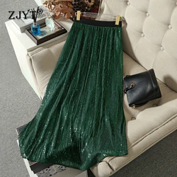 ZJYT Designer Fashion Autumn Sequined Midi Skirt for Women Elastic Waist Elegant Aline Skirts Party Casual Faldas Female Green