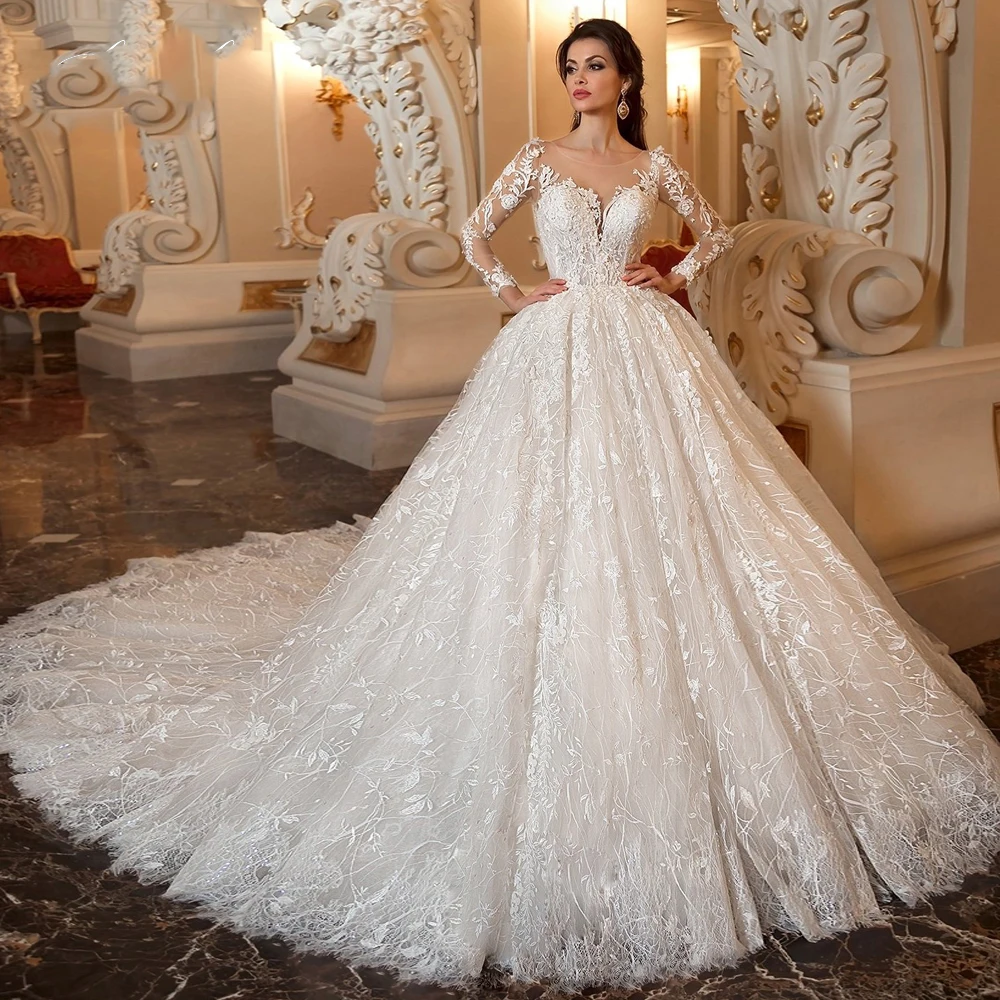 Sexy A-line V-neck Bespoke Wedding Dress 2023 Italian Exquisite Lace White Tulle Long Sleeve Train Button Bride Dress