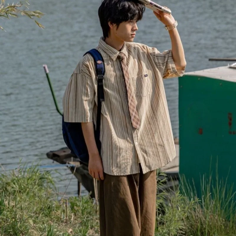 

Men's Summer Japanese Retro Striped Shirt Loose Fit Casual Student T Shirt Trendy Brand New Arrival