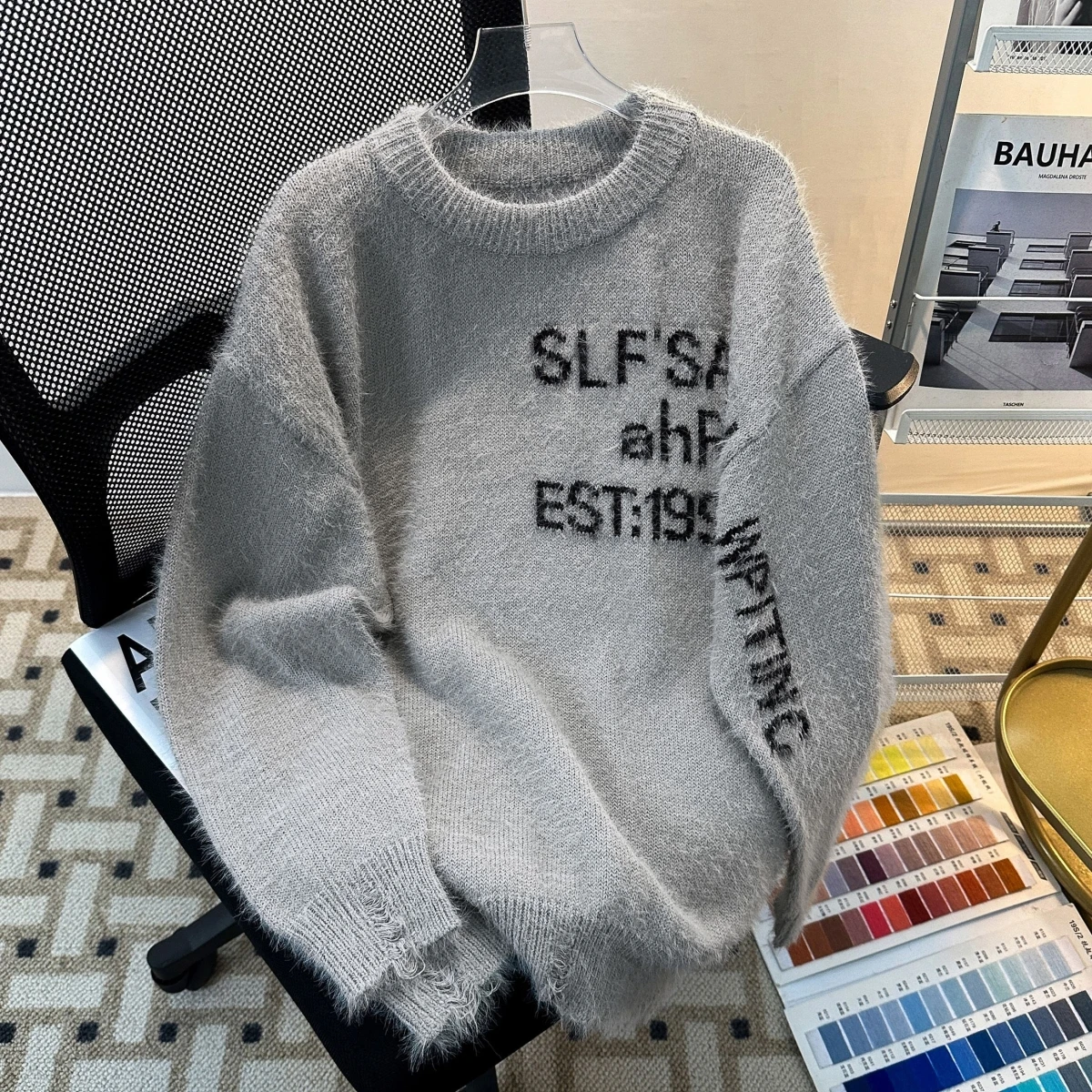 

American Retro Soft Cozy Letter Sweater ex Autumn Winter New Loose Lazy Sle Couple Knittedwear Casual Polyester Fiber