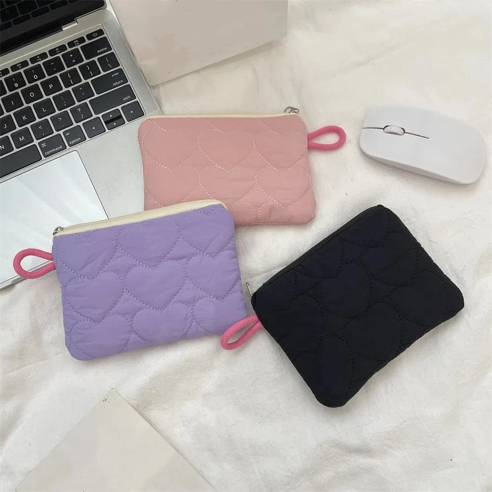 Простой стеганый кошелек для монет с сердечком, легкие мини-клатчи, женские сумки ярких цветов